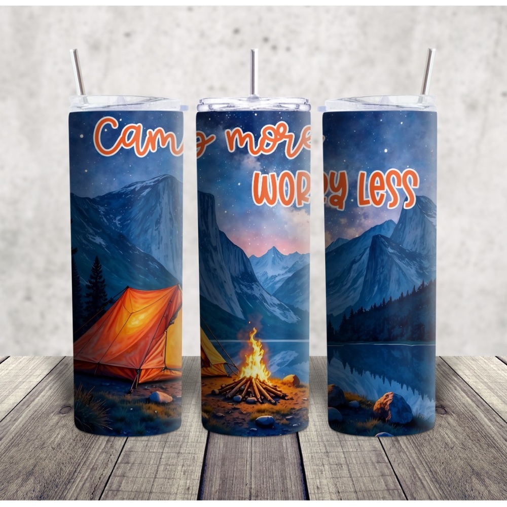 Hand Crafted Mountain Campfire Tumbler Camp More Worry Less